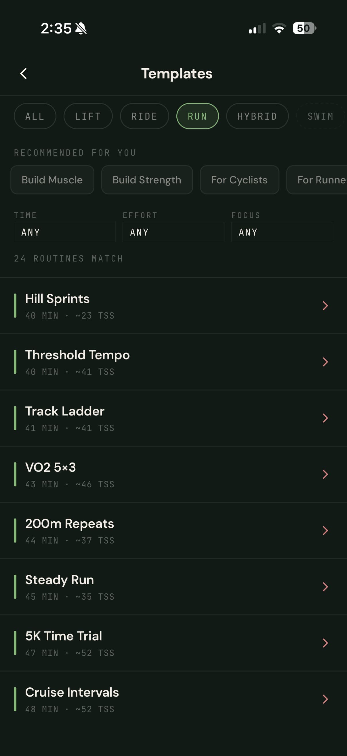 Run library: structured run workouts with target TSS