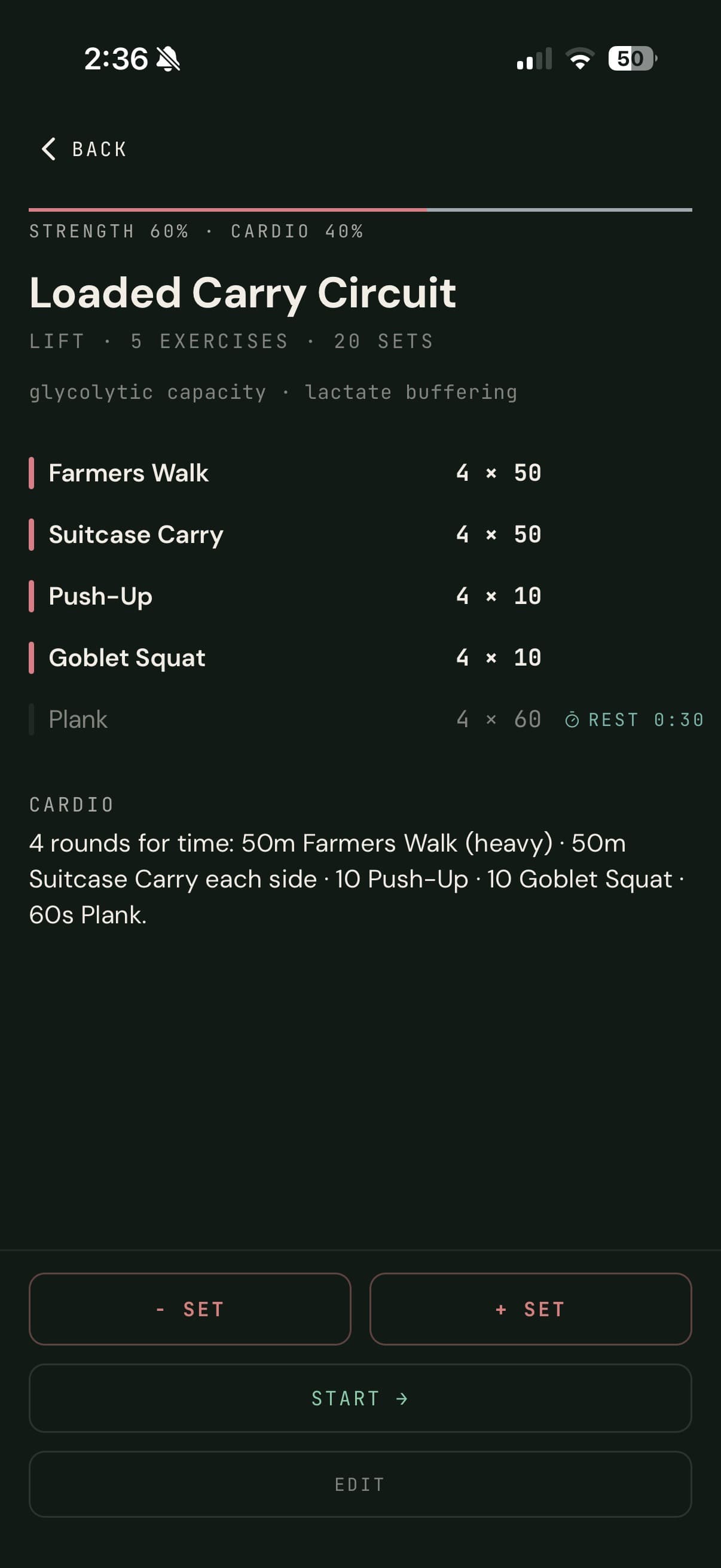 Loaded Carry Circuit: a hybrid conditioning routine, laid out