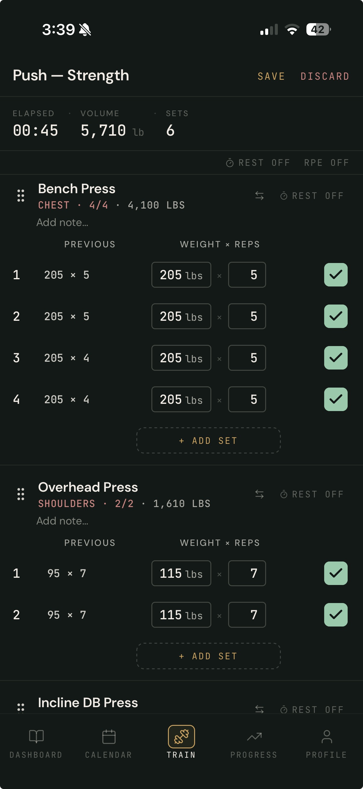 Logging a push session: sets, reps, previous, rest timer, RPE