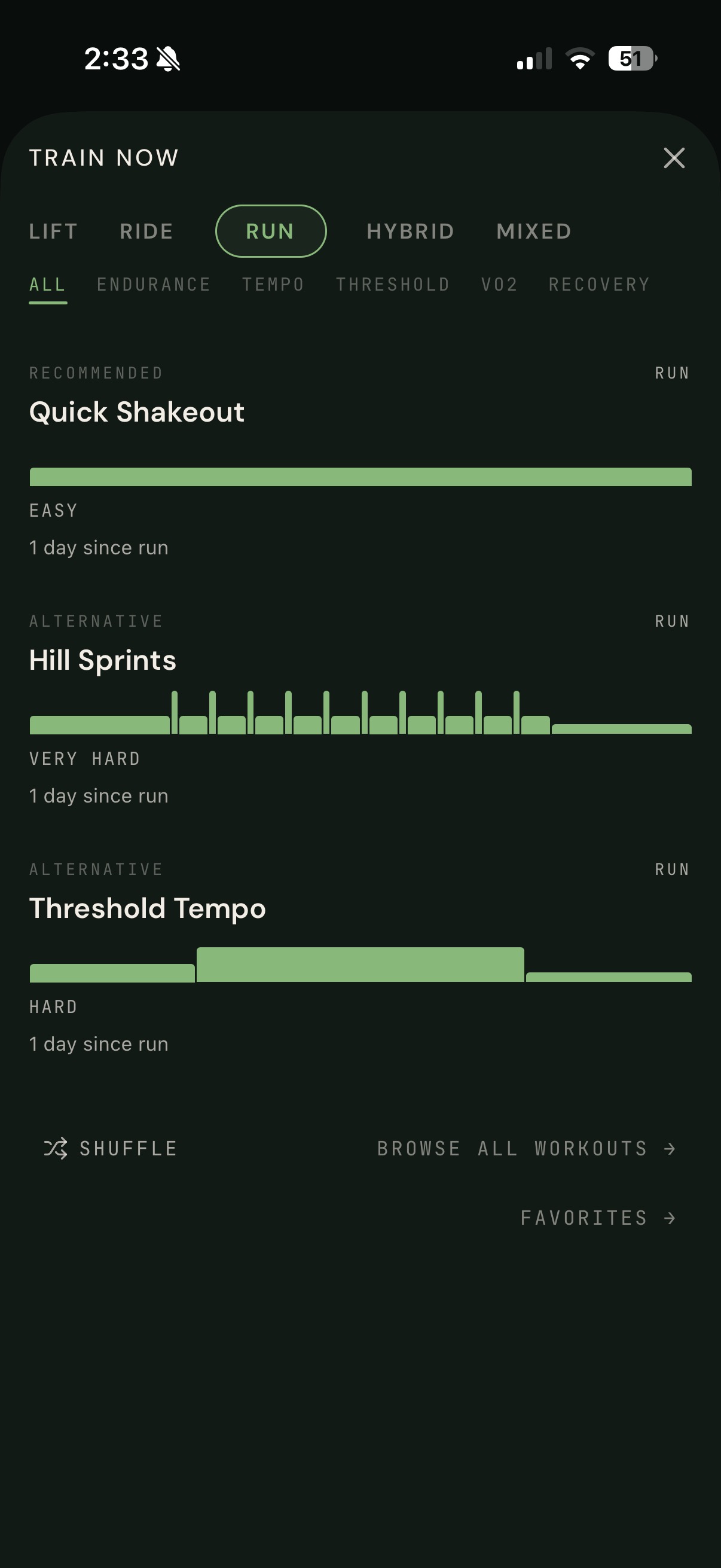 TRAIN NOW: recommended run sessions with effort and recency context
