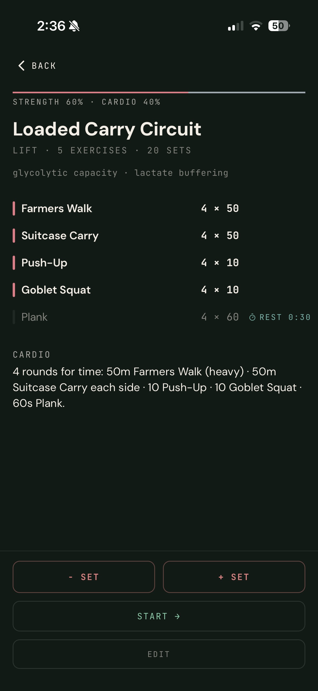 Loaded Carry Circuit: a hybrid conditioning routine, laid out